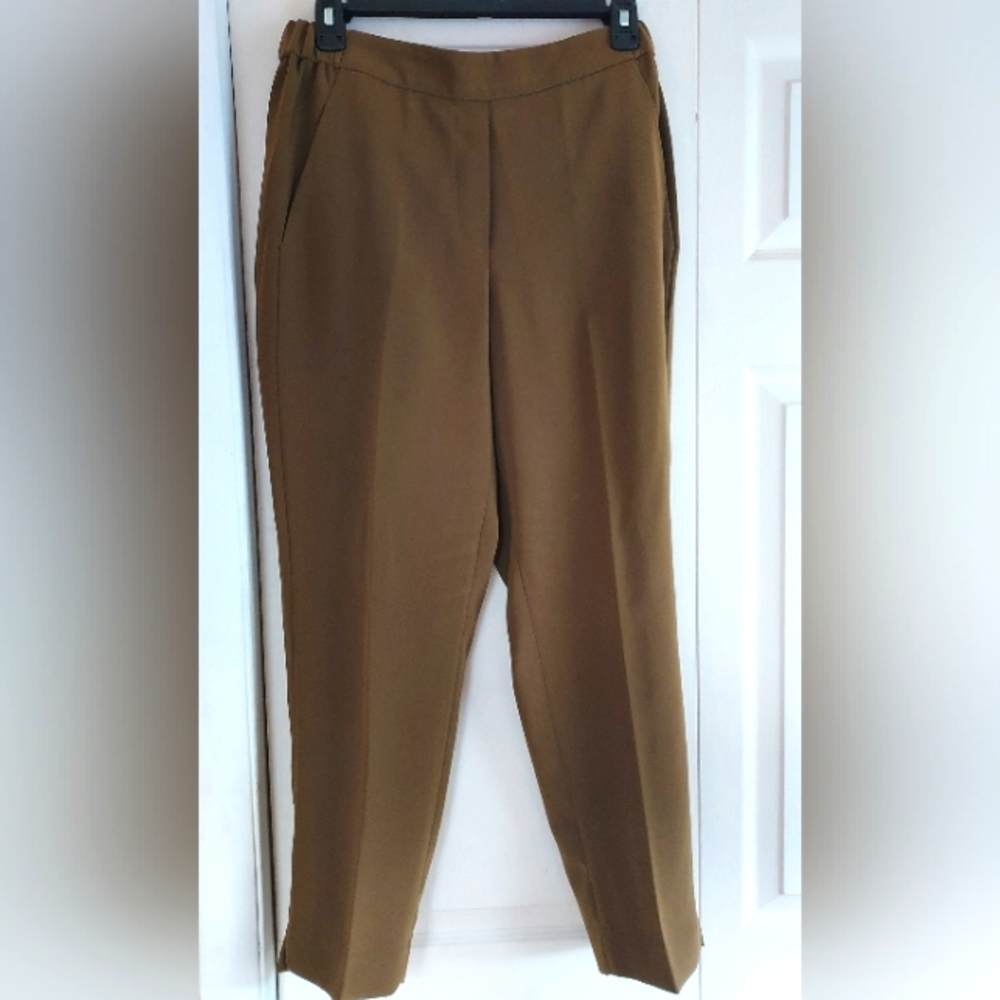 J. Crew Pants Dress Womens Size 4 Green Brown Polyester Elastic Back Pullon READ